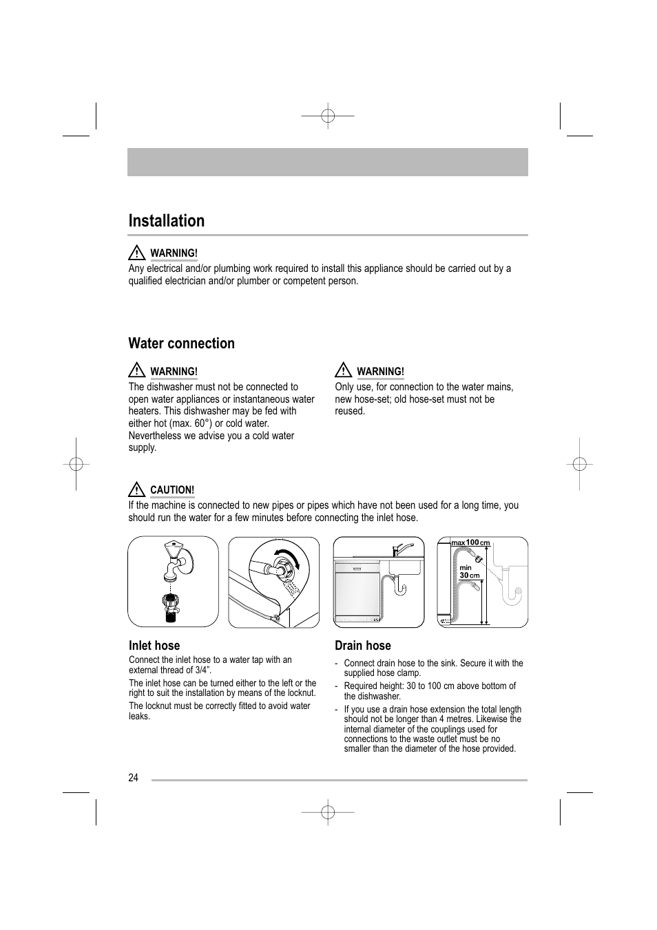 Installation, Water connection | Electrolux ZDF 501 User Manual | Page 24 / 32