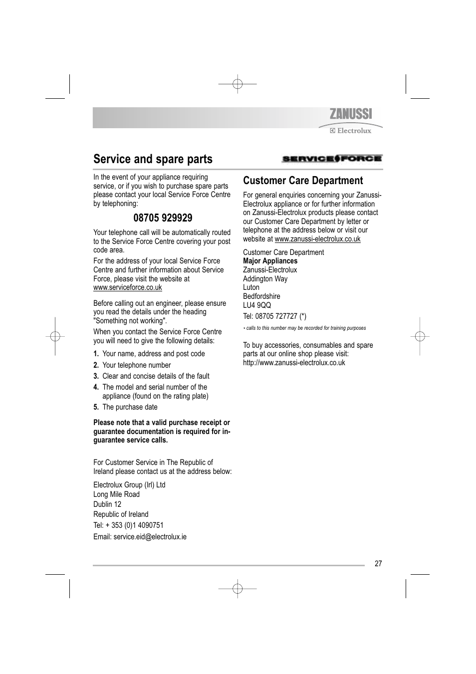 Service and spare parts, Customer care department | Electrolux ZDF 501 User Manual | Page 27 / 32