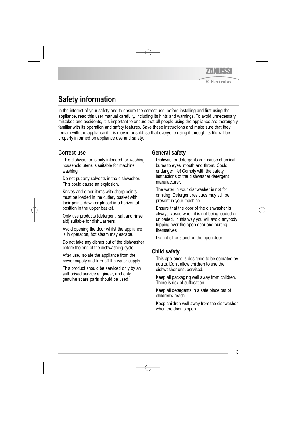 Safety information, Correct use, General safety | Child safety | Electrolux ZDF 501 User Manual | Page 3 / 32
