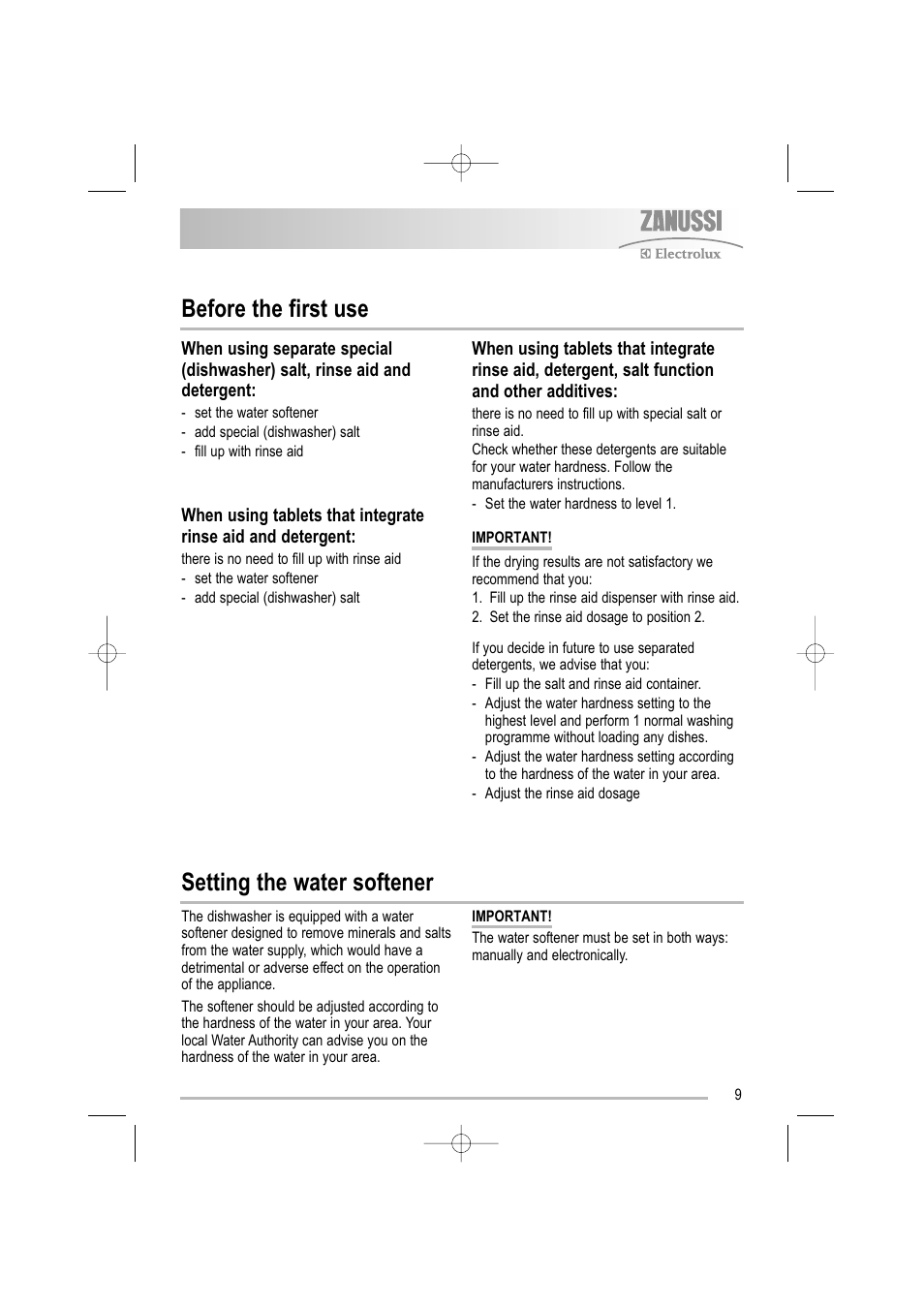 Before the first use, Setting the water softener | Electrolux ZDF 501 User Manual | Page 9 / 32