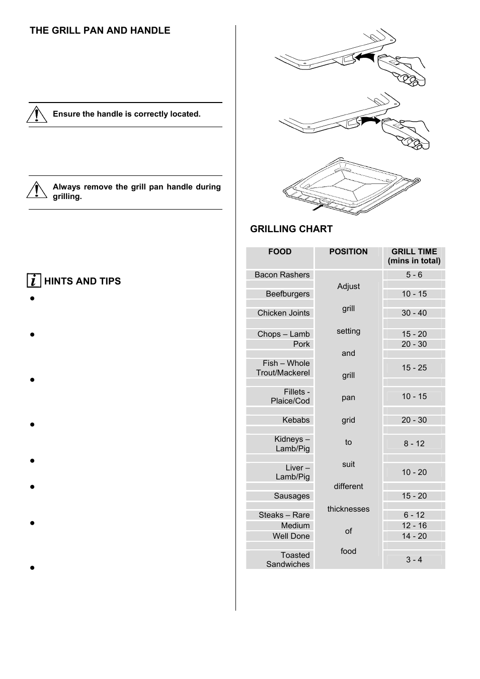 16 the grill pan and handle, Hints and tips, Grilling chart | Electrolux D98000VF User Manual | Page 16 / 48