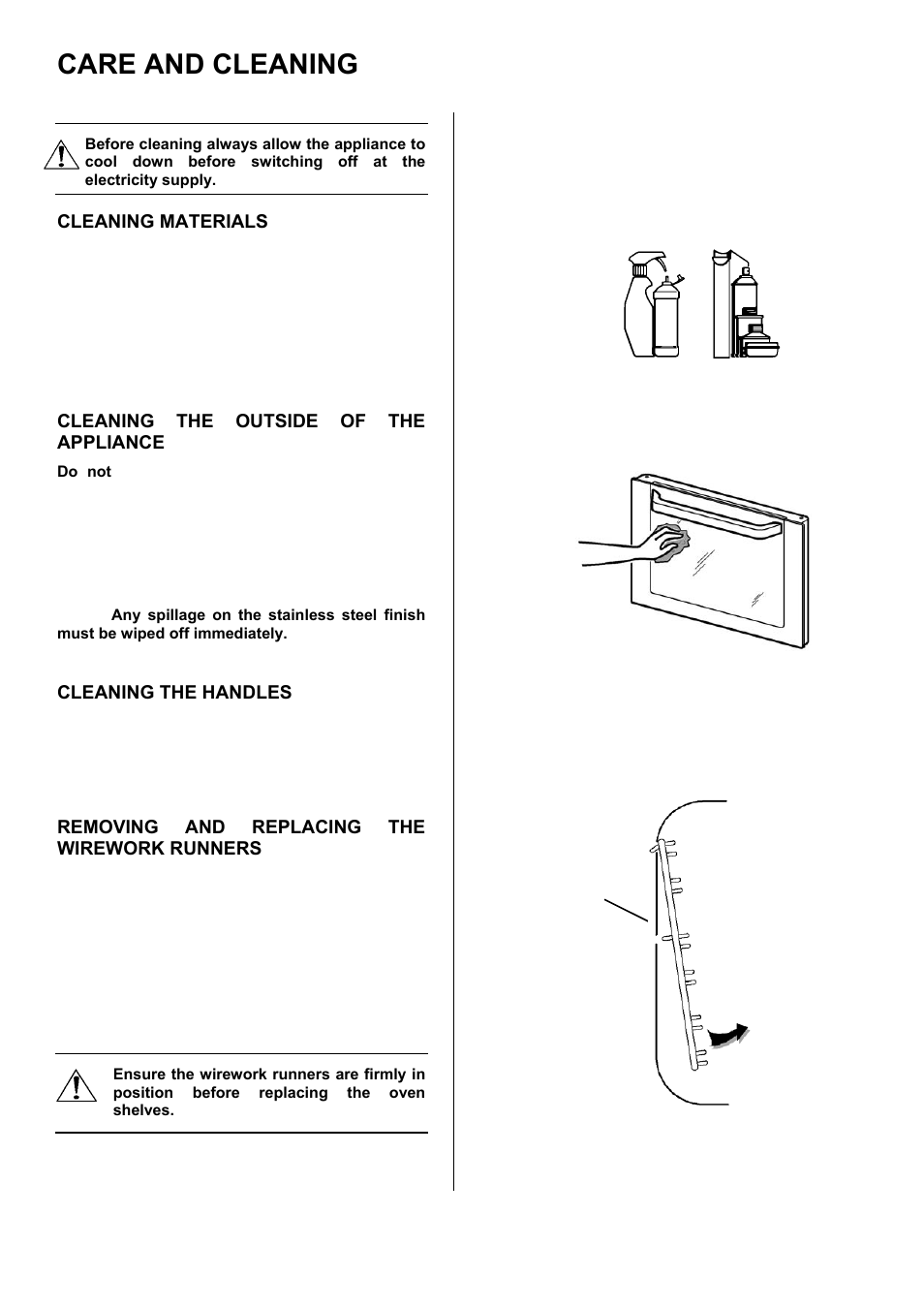 Care and cleaning, Cleaning materials, Cleaning the outside of the appliance | Cleaning the handles, Removing and replacing the wirework runners | Electrolux D98000VF User Manual | Page 36 / 48