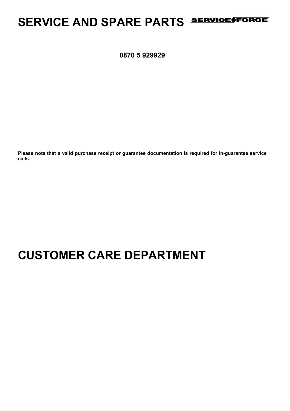 Service and spare parts, Customer care department | Electrolux D98000VF User Manual | Page 43 / 48