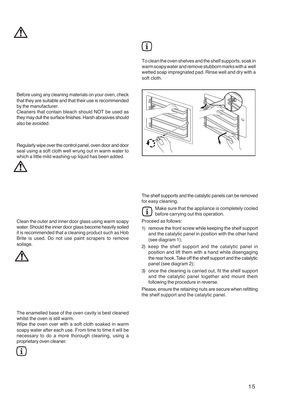 Cleaning the oven, Cleaning materials, External cleaning | Oven cavity, Oven shelves and shelf supports 1 2, Shelf supports and catalytic panels | Electrolux ZBQ 865 User Manual | Page 15 / 24