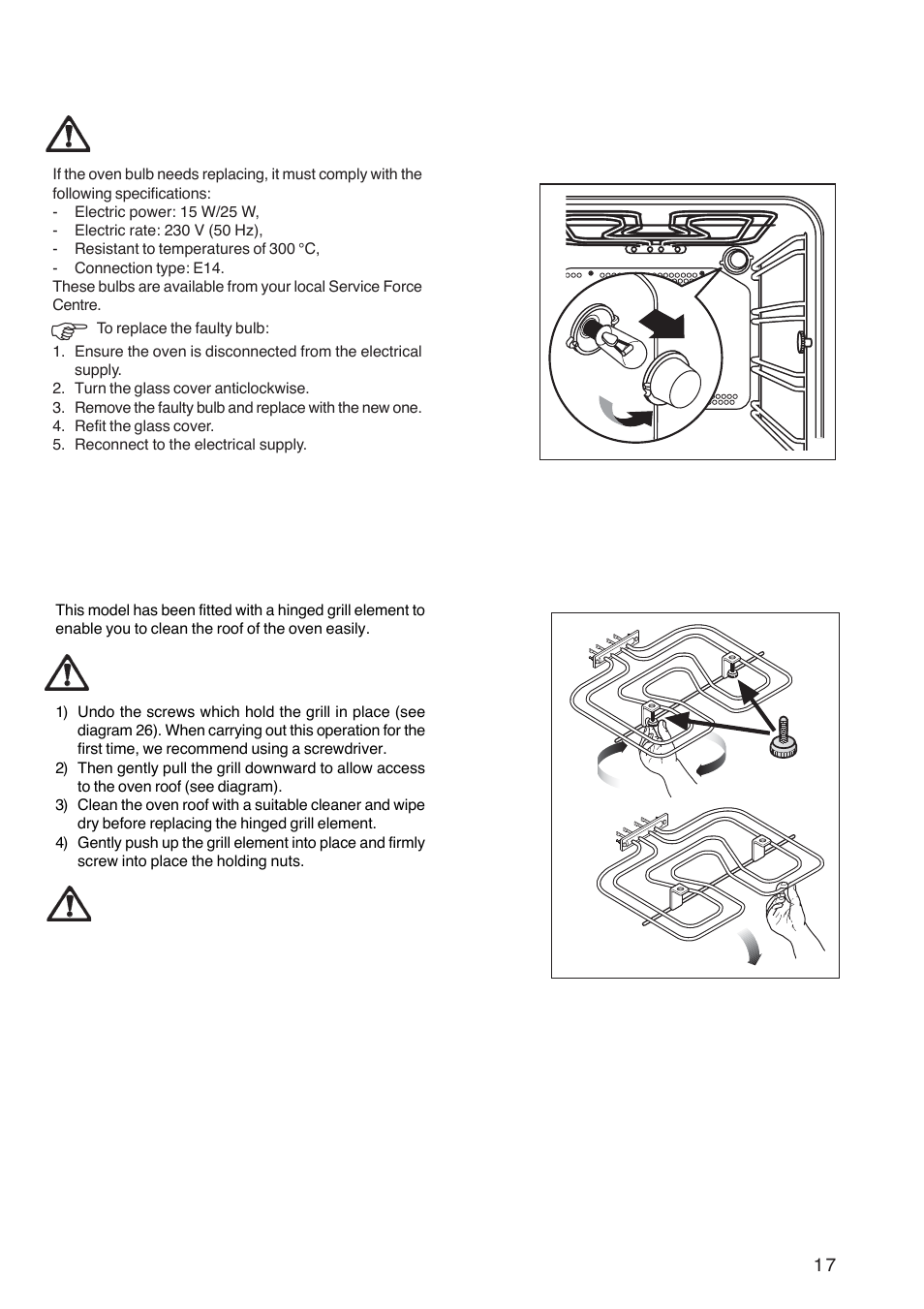 Replacing the oven light, Cleaning the hinged grill | Electrolux ZBQ 865 User Manual | Page 17 / 24