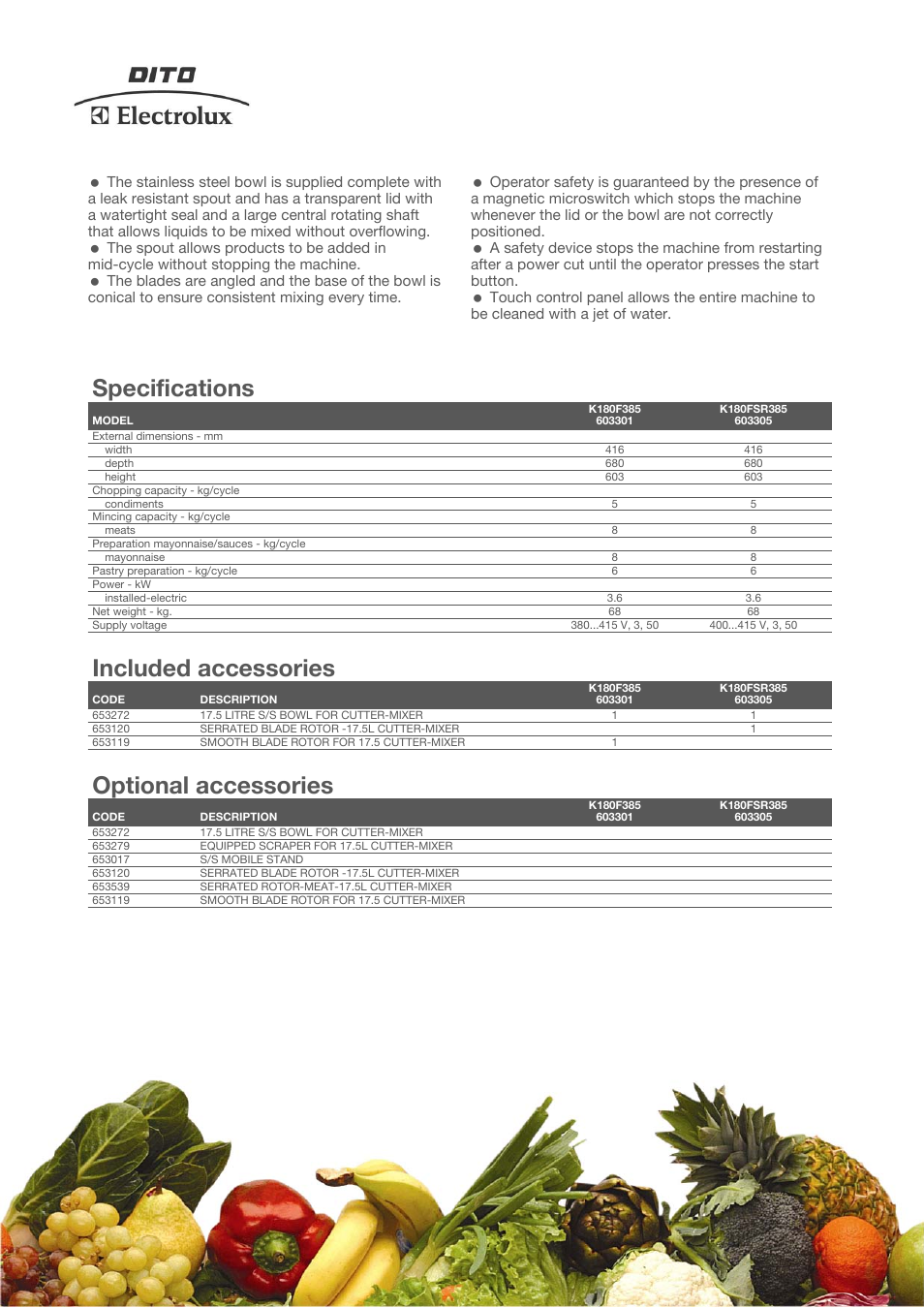 Specifications, Included accessories, Optional accessories | Electrolux K180F385 User Manual | Page 2 / 4