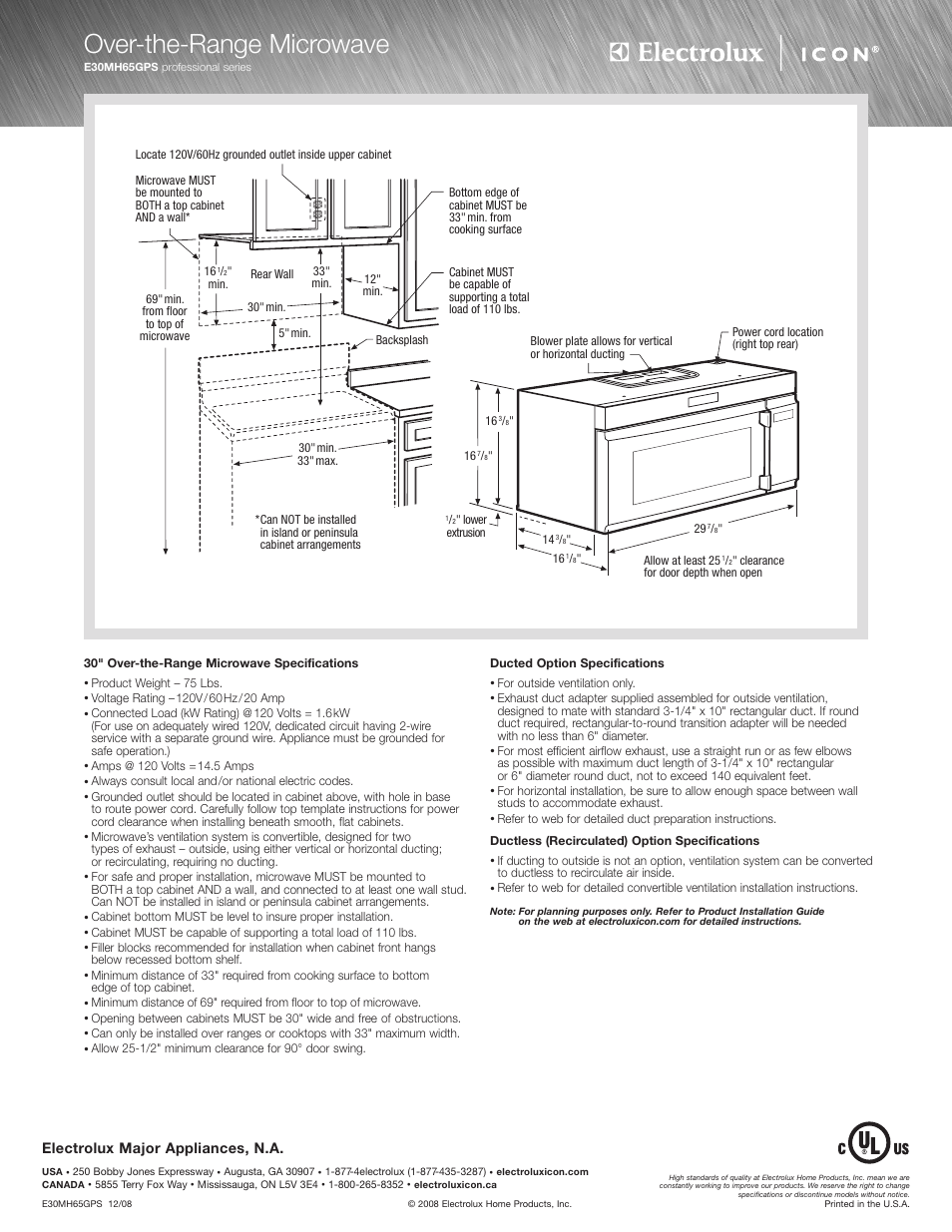 Over-the-range microwave, Electrolux major appliances, n.a | Electrolux E30MH65GPS User Manual | Page 2 / 2