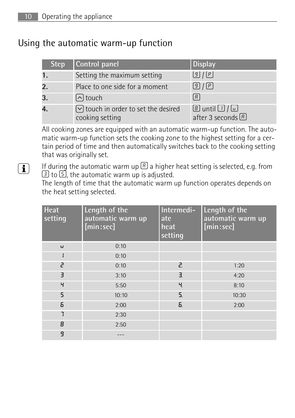 Using the automatic warm up function | Electrolux 98001 KF SN User Manual | Page 10 / 36