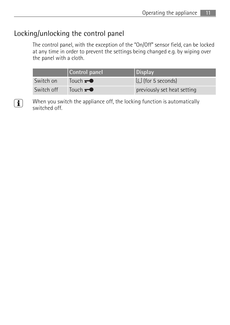 Locking/unlocking the control panel | Electrolux 98001 KF SN User Manual | Page 11 / 36