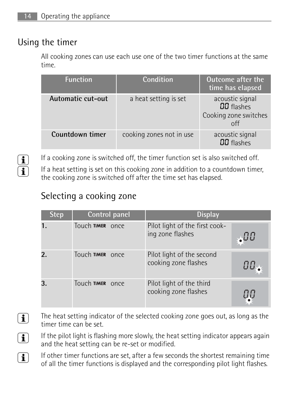 Using the timer, Selecting a cooking zone | Electrolux 98001 KF SN User Manual | Page 14 / 36