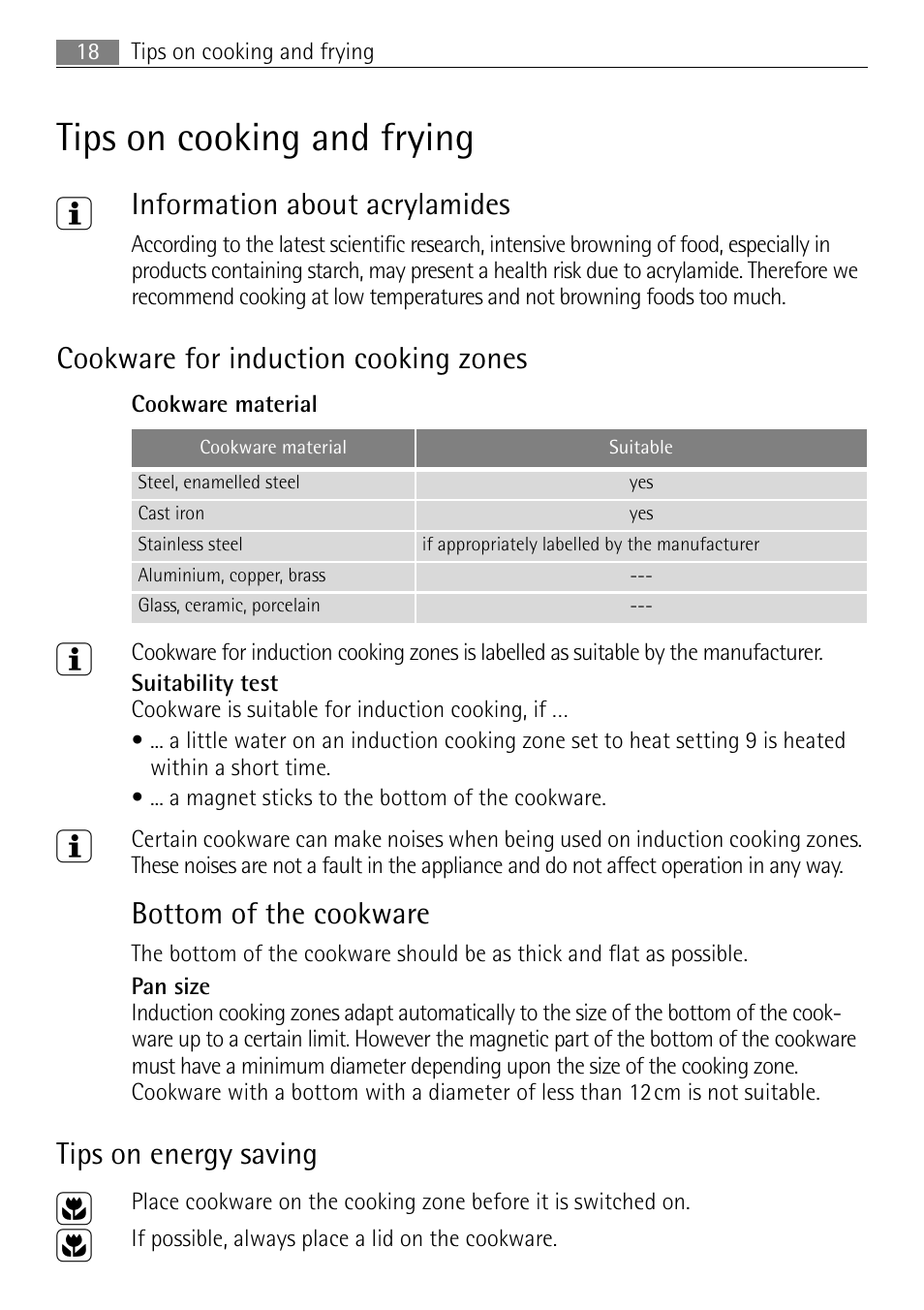 Tips on cooking and frying 3, Information about acrylamides, Cookware for induction cooking zones | Bottom of the cookware, Tips on energy saving | Electrolux 98001 KF SN User Manual | Page 18 / 36