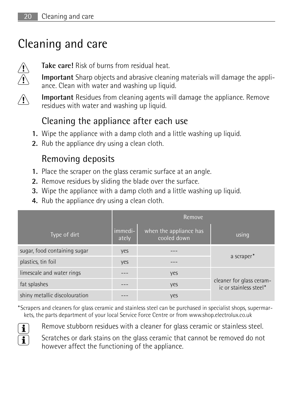 Cleaning and care 1, Cleaning the appliance after each use, Removing deposits | Electrolux 98001 KF SN User Manual | Page 20 / 36