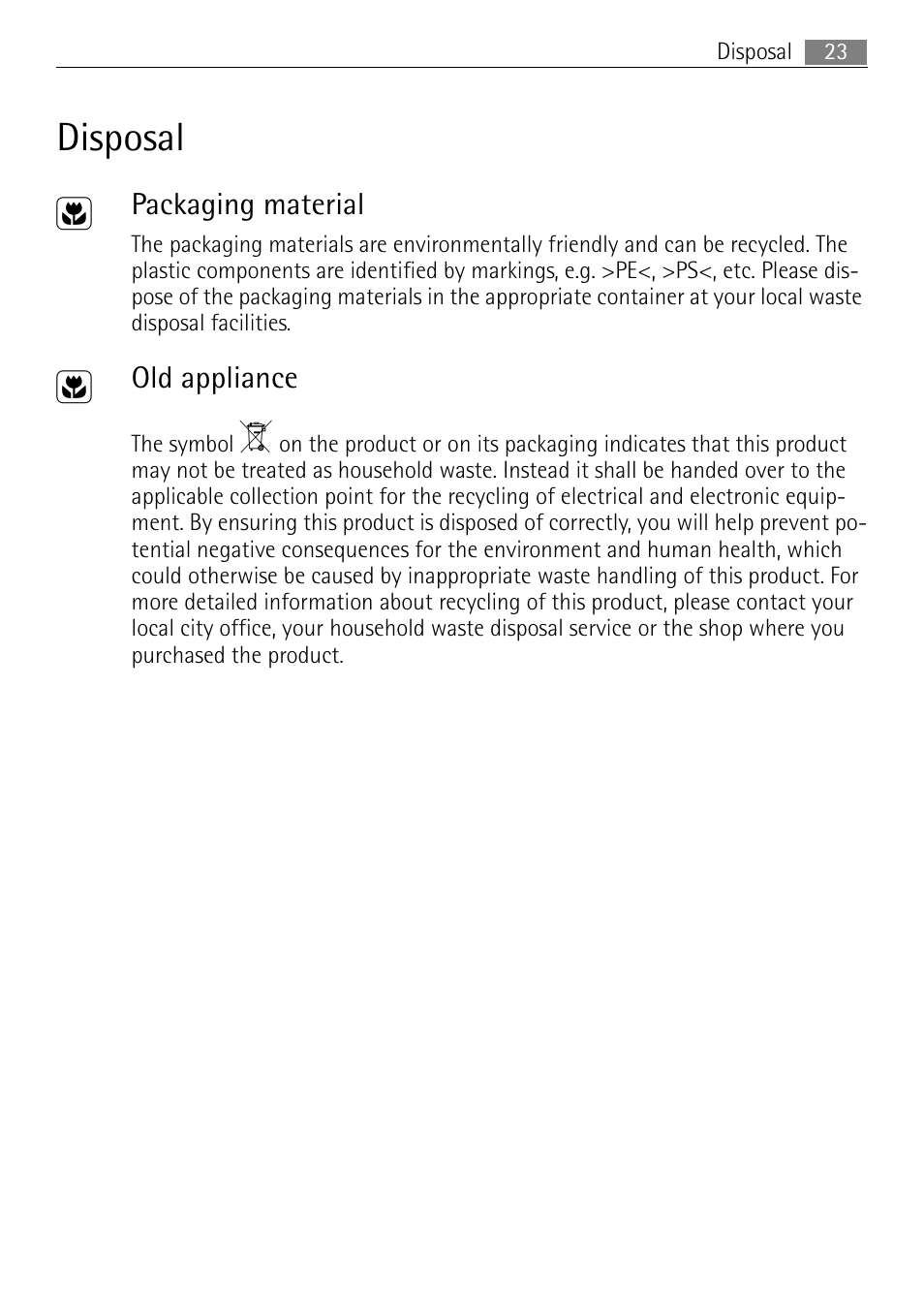 Disposal 2 | Electrolux 98001 KF SN User Manual | Page 23 / 36