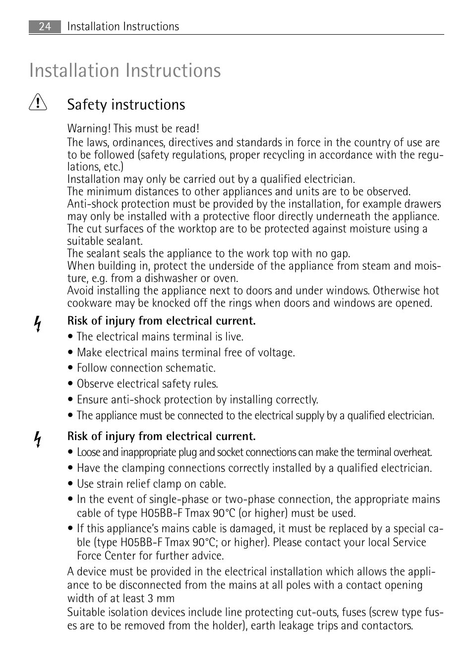 Installation instructions 1 | Electrolux 98001 KF SN User Manual | Page 24 / 36