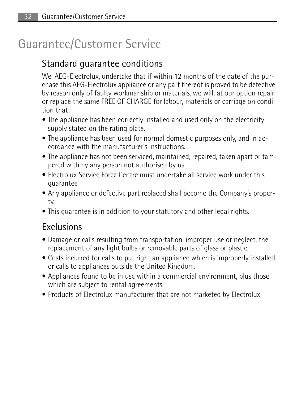 Guarantee/customer service, Standard guarantee conditions, Exclusions | Electrolux 98001 KF SN User Manual | Page 32 / 36