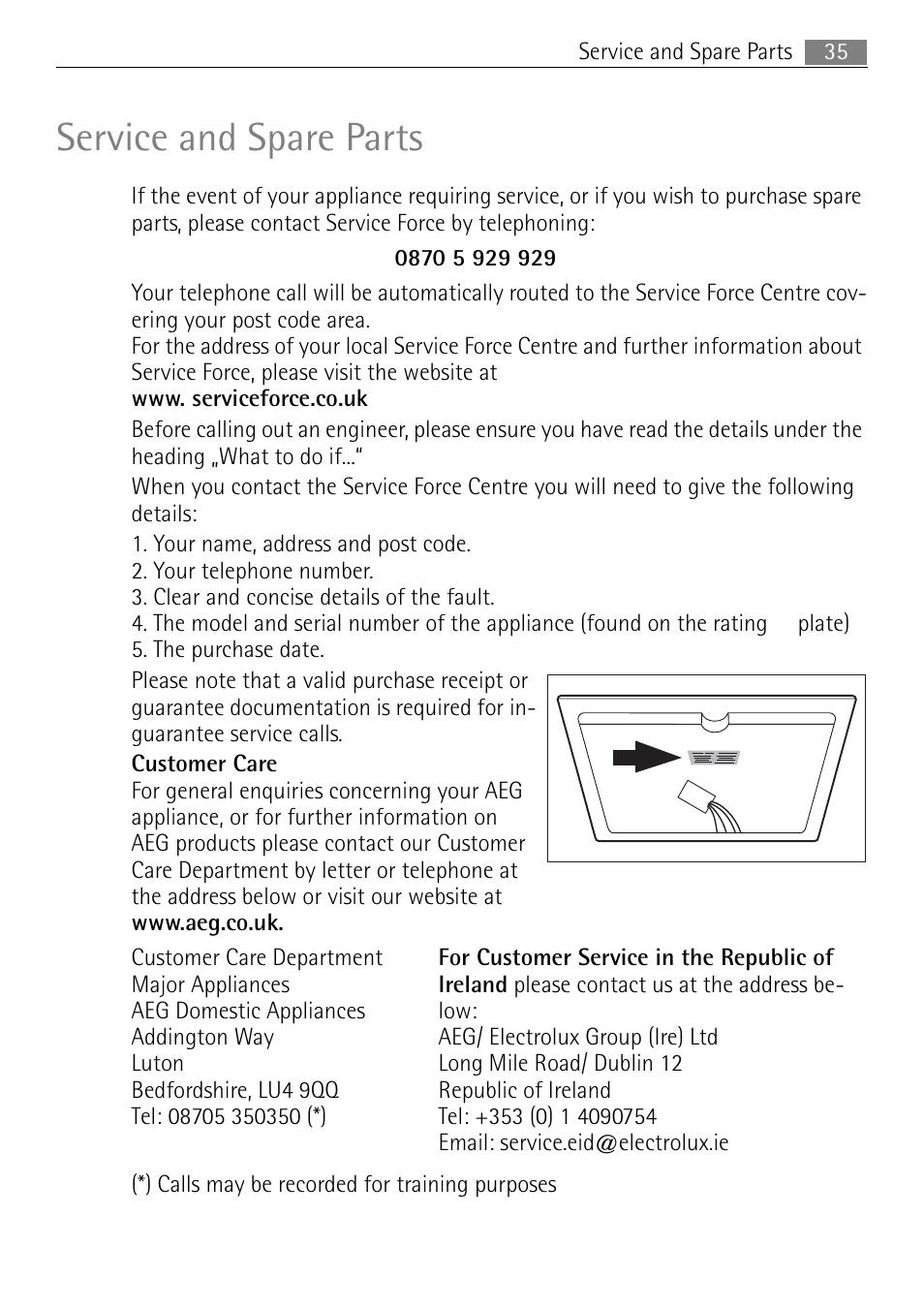 Service and spare parts | Electrolux 98001 KF SN User Manual | Page 35 / 36