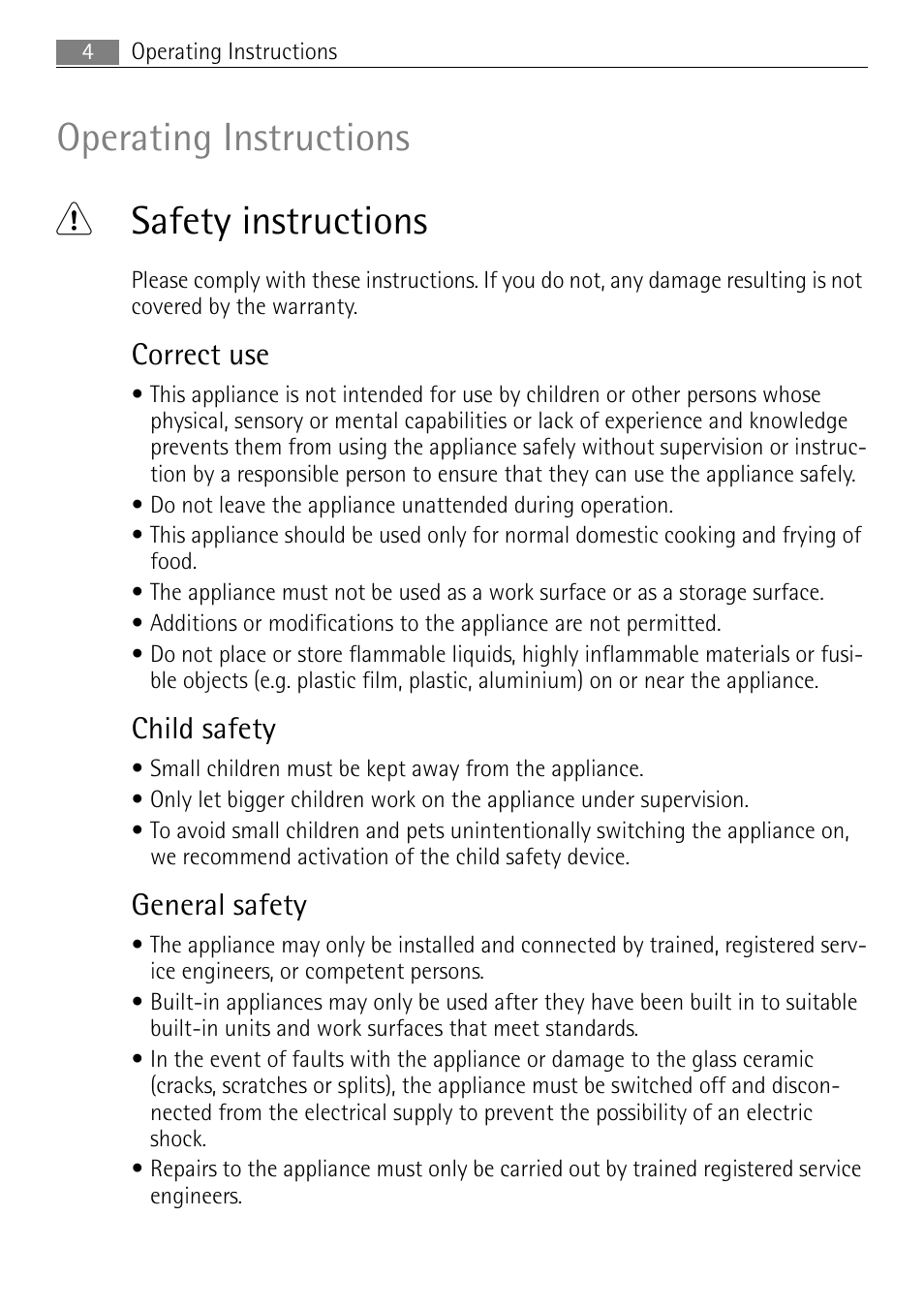 Operating instructions 1 safety instructions, Correct use, Child safety | General safety | Electrolux 98001 KF SN User Manual | Page 4 / 36