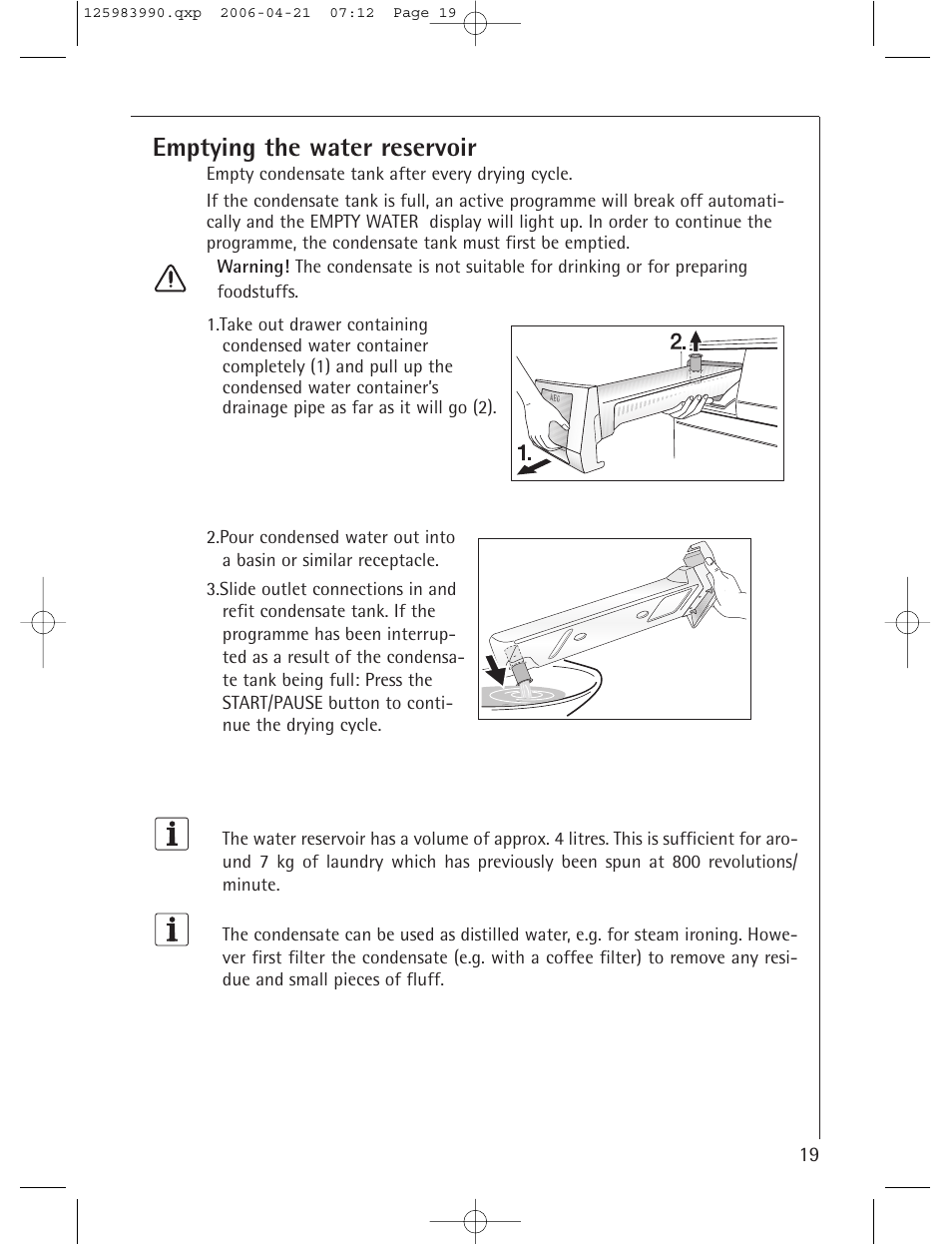 Emptying the water reservoir | Electrolux LAVATHERM T56830 User Manual | Page 19 / 33