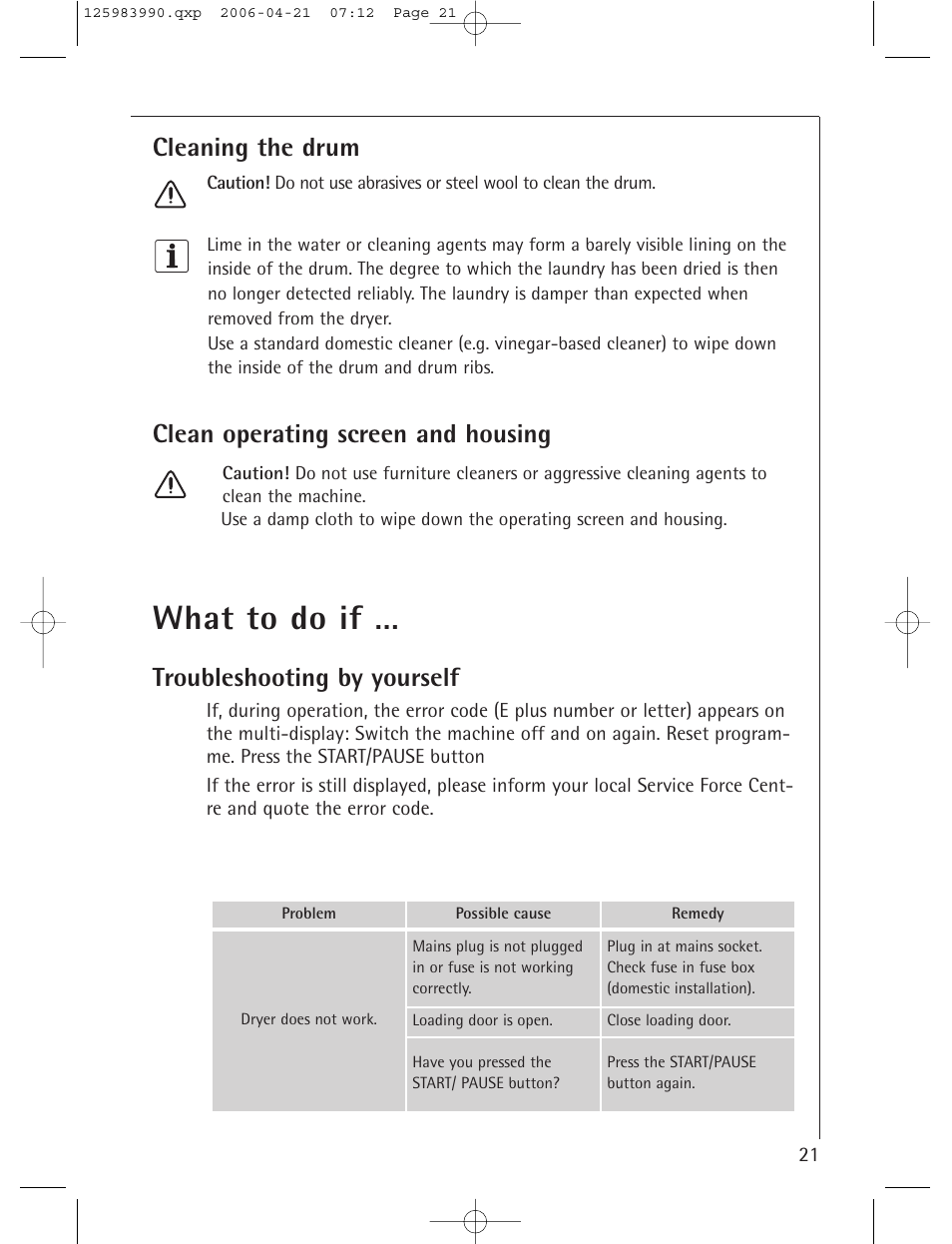 What to do if, Cleaning the drum, Clean operating screen and housing | Troubleshooting by yourself | Electrolux LAVATHERM T56830 User Manual | Page 21 / 33