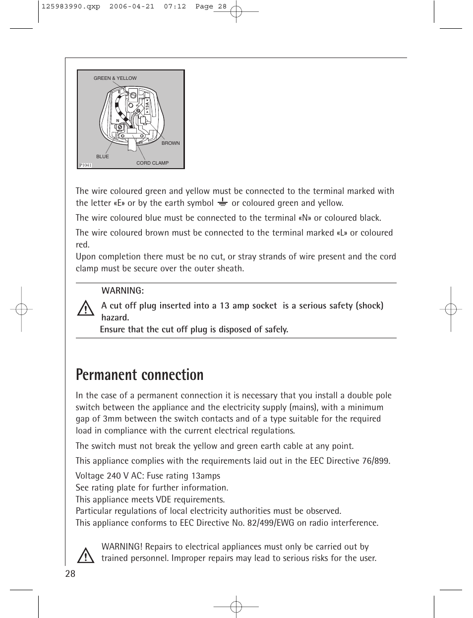 Permanent connection | Electrolux LAVATHERM T56830 User Manual | Page 28 / 33