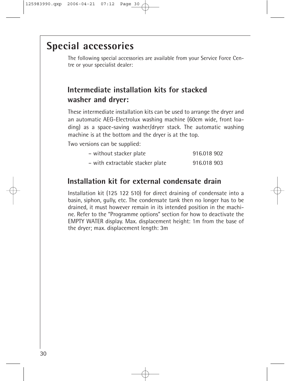 Special accessories, Installation kit for external condensate drain | Electrolux LAVATHERM T56830 User Manual | Page 30 / 33