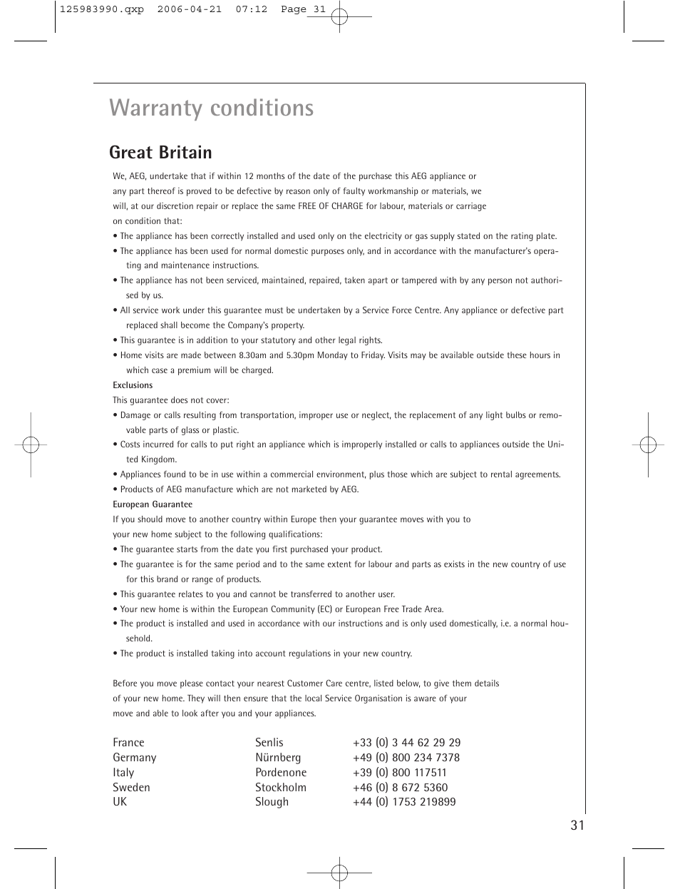 Warranty conditions, Great britain | Electrolux LAVATHERM T56830 User Manual | Page 31 / 33