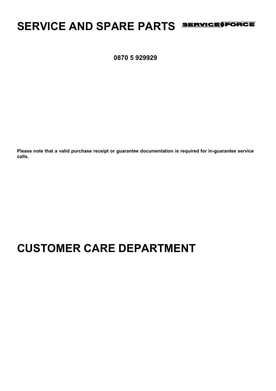 Service and spare parts, Customer care department | Electrolux D67000VF User Manual | Page 37 / 44