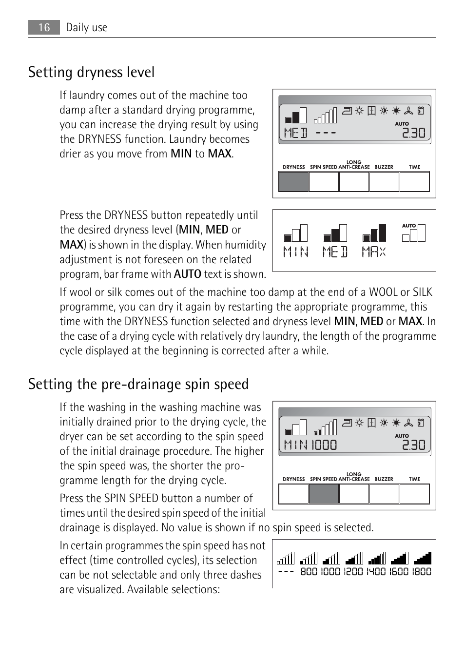 Setting dryness level, Setting the pre-drainage spin speed | Electrolux LAVATHERM 59840 User Manual | Page 16 / 48