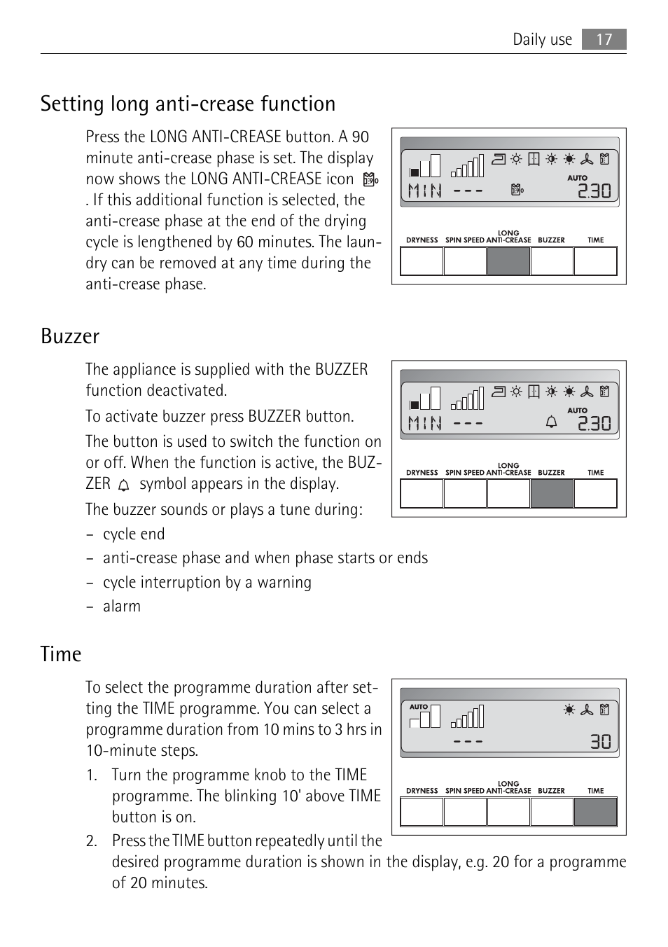 Setting long anti-crease function, Buzzer, Time | Electrolux LAVATHERM 59840 User Manual | Page 17 / 48