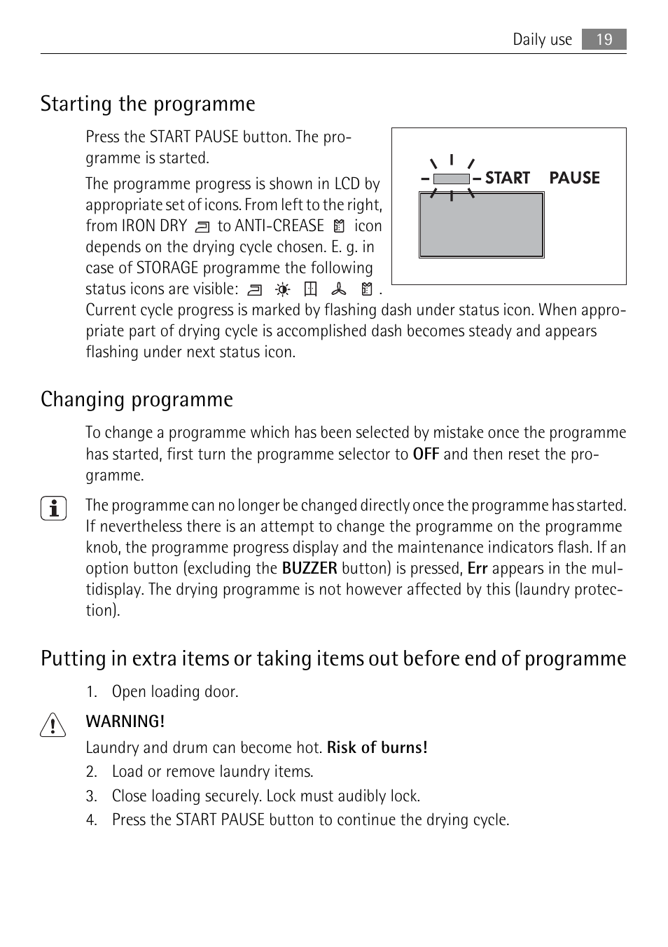 Starting the programme, Changing programme | Electrolux LAVATHERM 59840 User Manual | Page 19 / 48