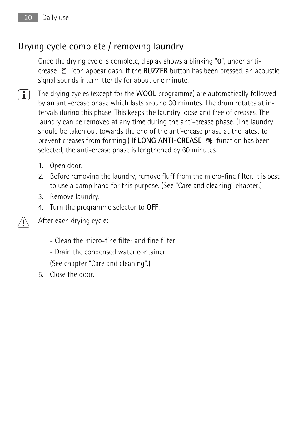 Drying cycle complete / removing laundry | Electrolux LAVATHERM 59840 User Manual | Page 20 / 48
