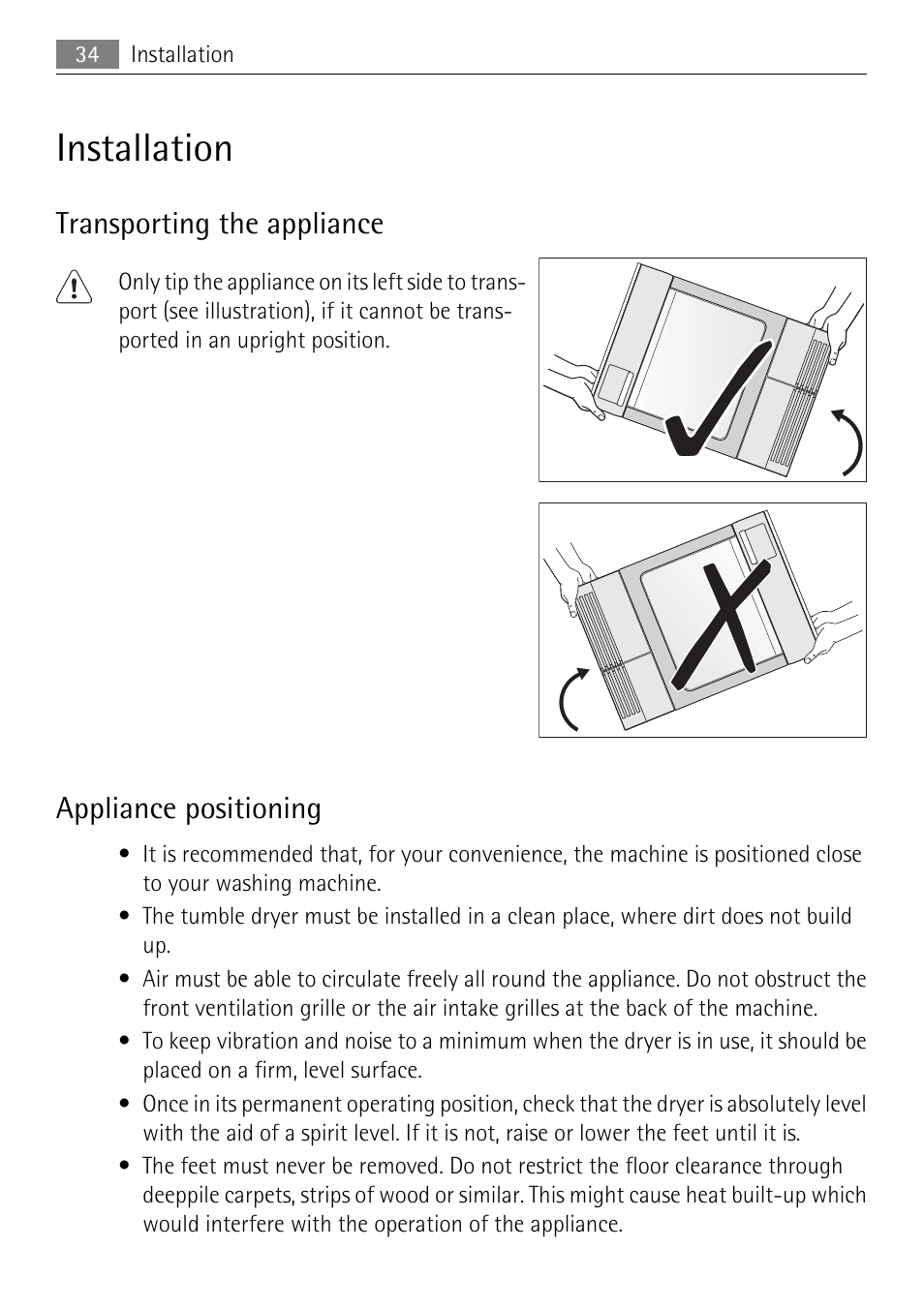 Installation, Transporting the appliance, Appliance positioning | Electrolux LAVATHERM 59840 User Manual | Page 34 / 48