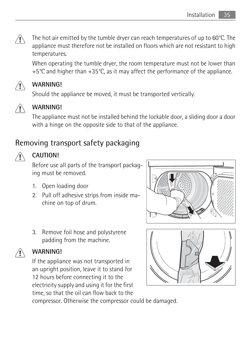 Removing transport safety packaging | Electrolux LAVATHERM 59840 User Manual | Page 35 / 48