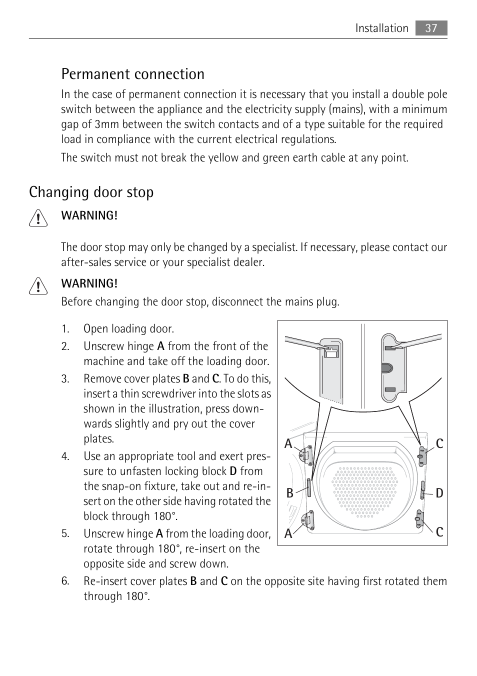 Permanent connection, Changing door stop | Electrolux LAVATHERM 59840 User Manual | Page 37 / 48