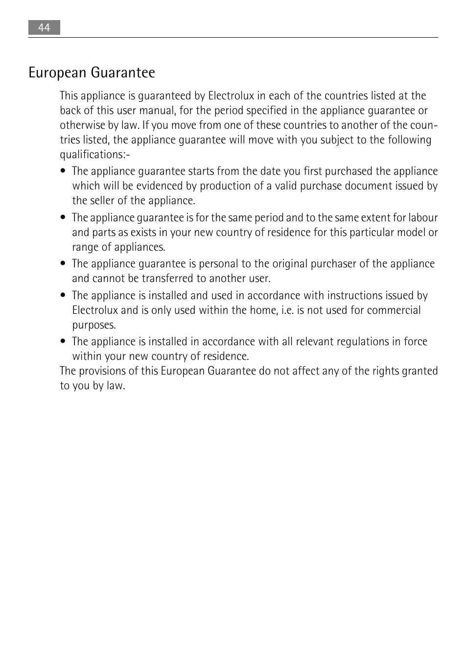 European guarantee | Electrolux LAVATHERM 59840 User Manual | Page 44 / 48