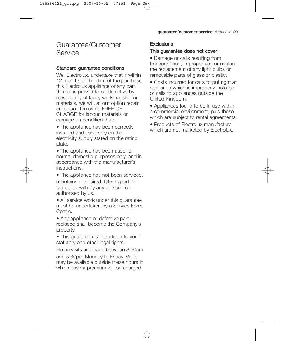 Guarantee/customer service | Electrolux EDE 57160W User Manual | Page 29 / 31