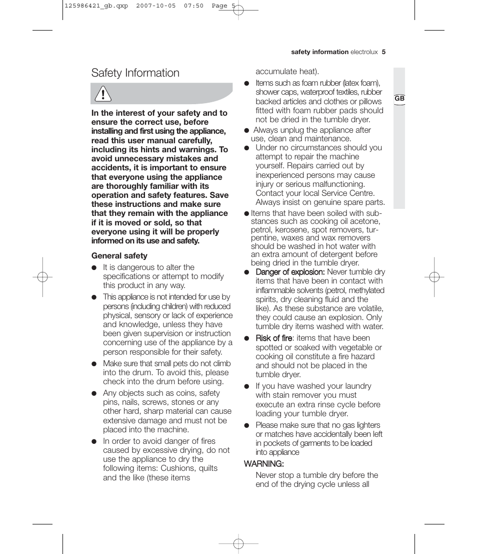 Safety information | Electrolux EDE 57160W User Manual | Page 5 / 31