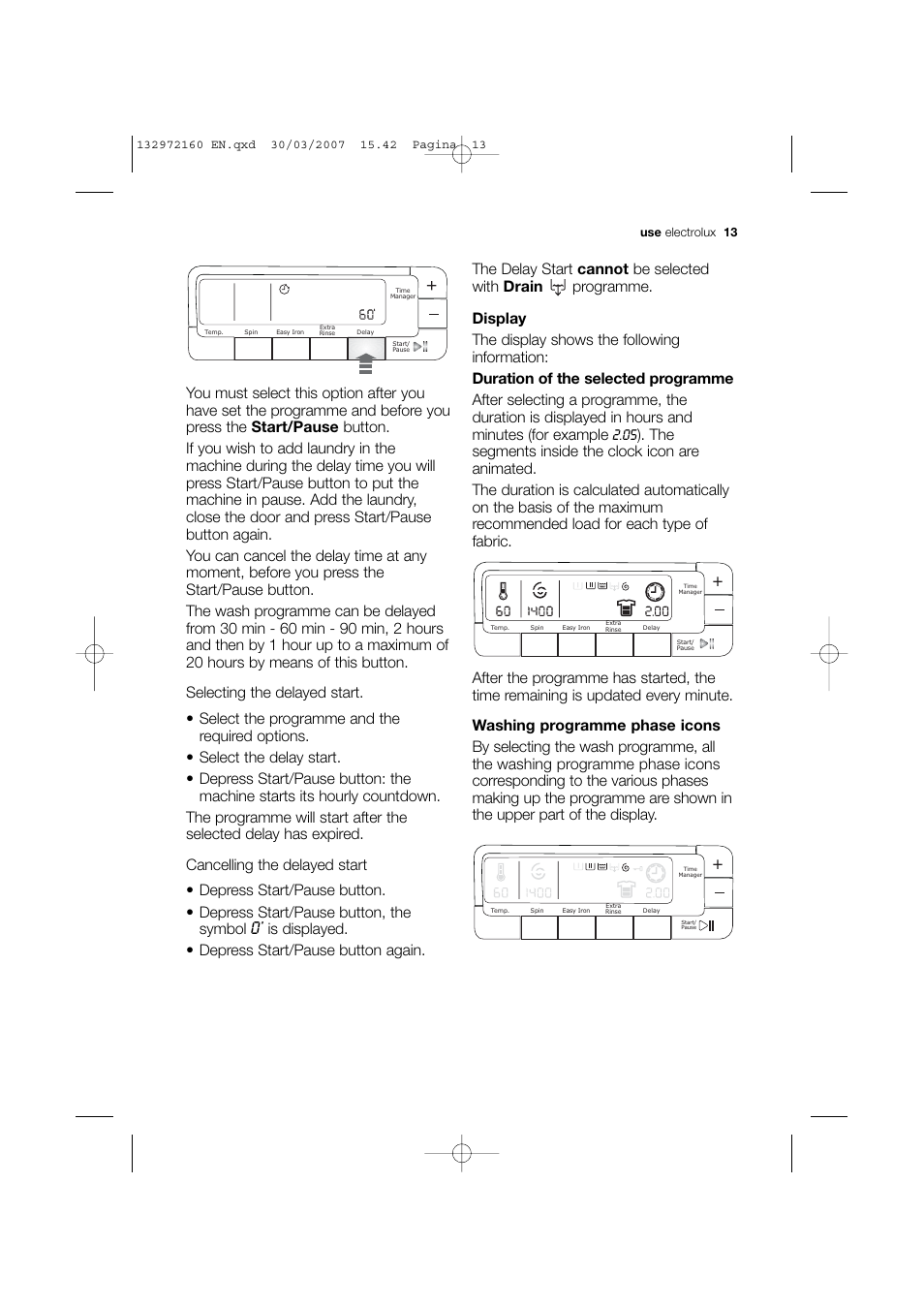 Is displayed. • depress start/pause button again | Electrolux EWN 14780 W User Manual | Page 13 / 48