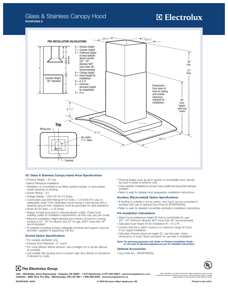 Glass & stainless canopy hood | Electrolux RH42PC60GS User Manual | Page 2 / 2