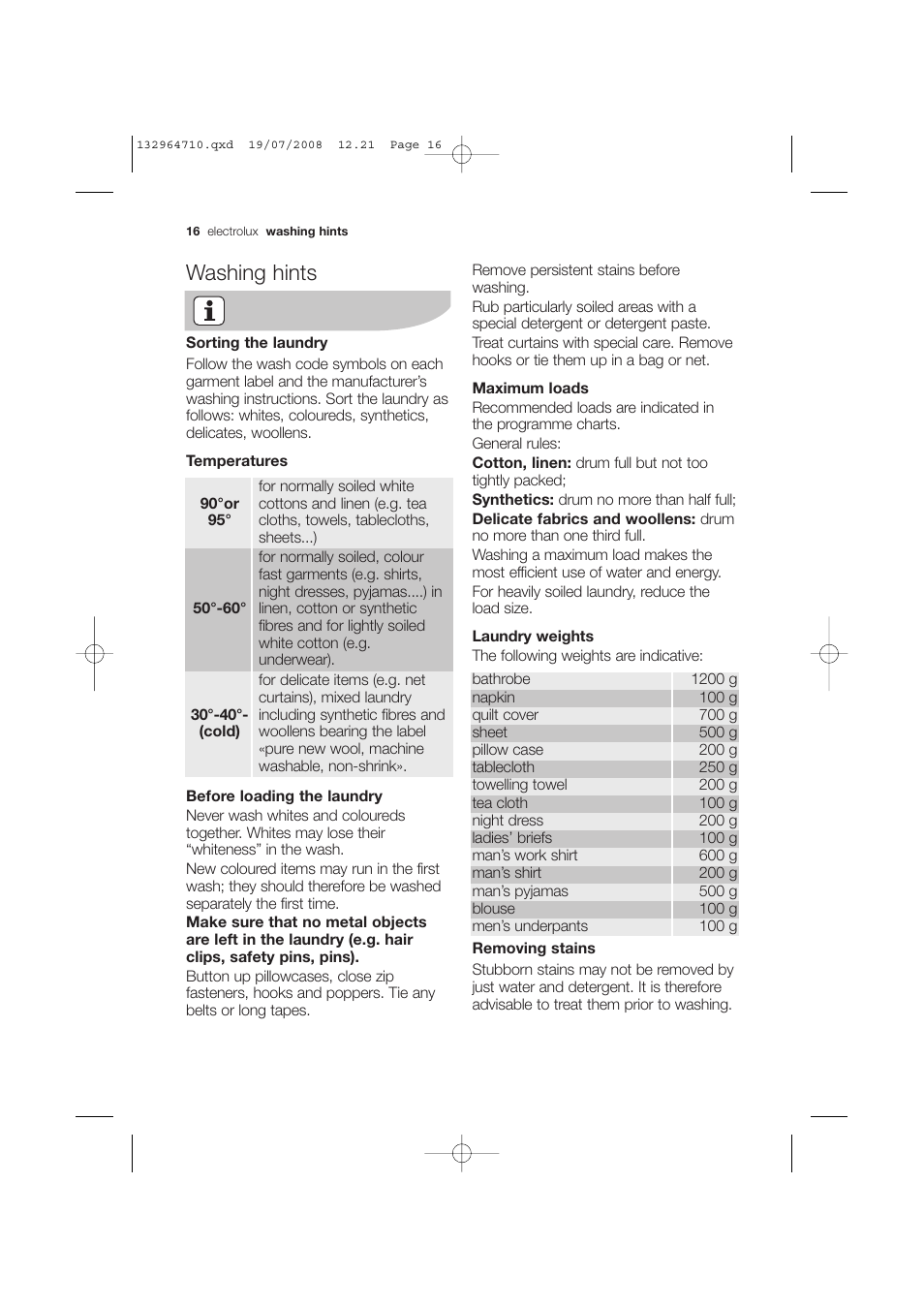 Washing hints | Electrolux EWG 12450 W User Manual | Page 16 / 44