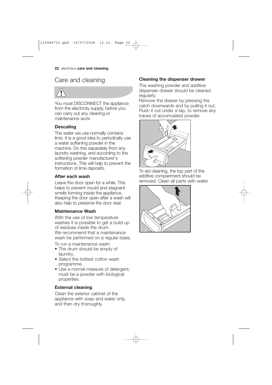 Care and cleaning | Electrolux EWG 12450 W User Manual | Page 22 / 44