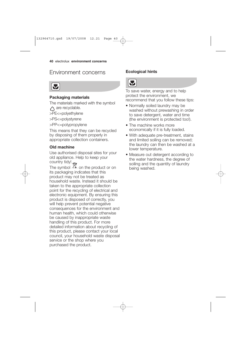 Environment concerns | Electrolux EWG 12450 W User Manual | Page 40 / 44