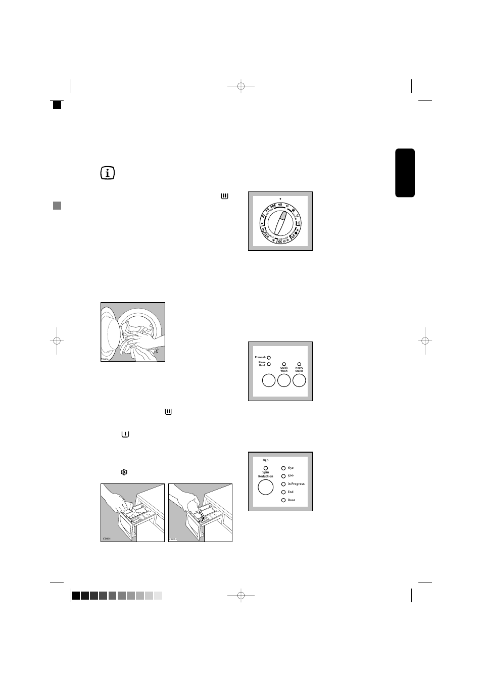 Operating sequence, Place the laundry in the drum, Measure out the detergent | Measure out the additive, English 4. select the desired programme, Select the required option(s), Reduce eventually the spin speed | Electrolux EW 880F User Manual | Page 15 / 23