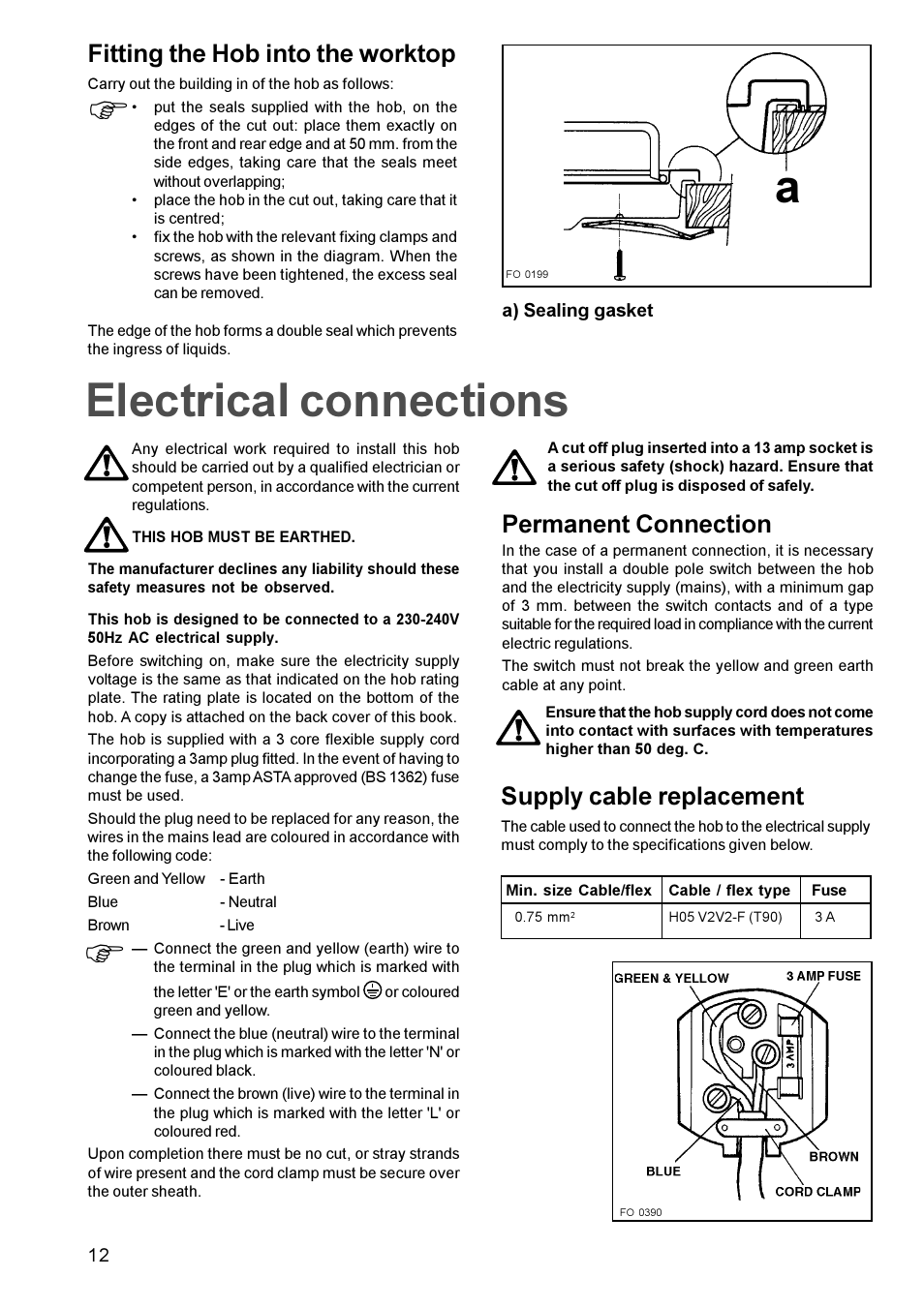 Felectrical connections, Permanent connection, Fitting the hob into the worktop | Supply cable replacement | Electrolux EHG 673 User Manual | Page 12 / 16