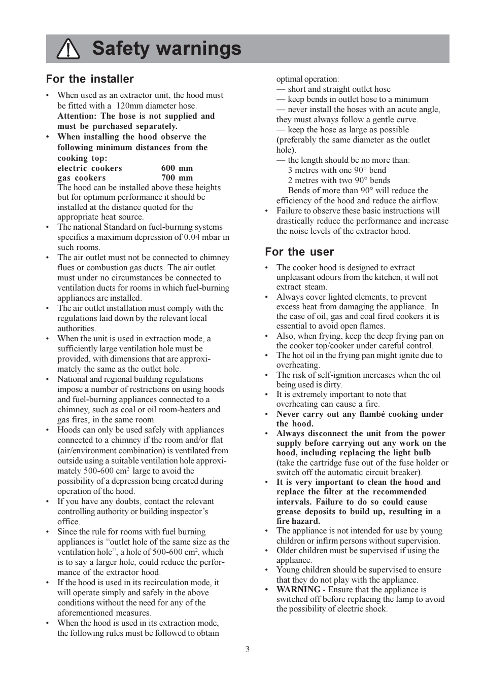 Safety warnings, For the installer, For the user | Electrolux EFC 9418 User Manual | Page 3 / 16