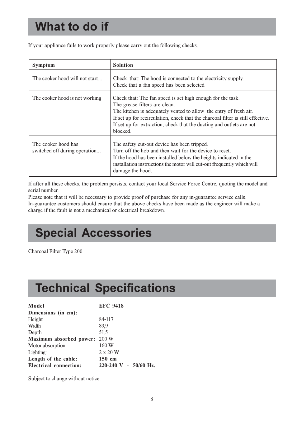 Technical specifications, What to do if, Special accessories | Electrolux EFC 9418 User Manual | Page 8 / 16