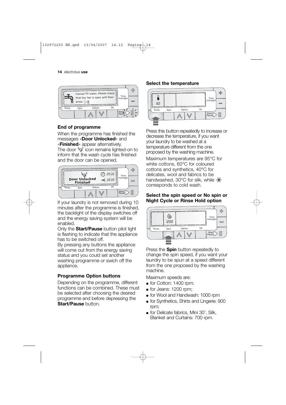 For cotton: 1400 rpm, For jeans: 1200 rpm, For wool and handwash: 1000 rpm | For synthetics, shirts and lingerie: 900 rpm | Electrolux EWN 14991 W User Manual | Page 14 / 52