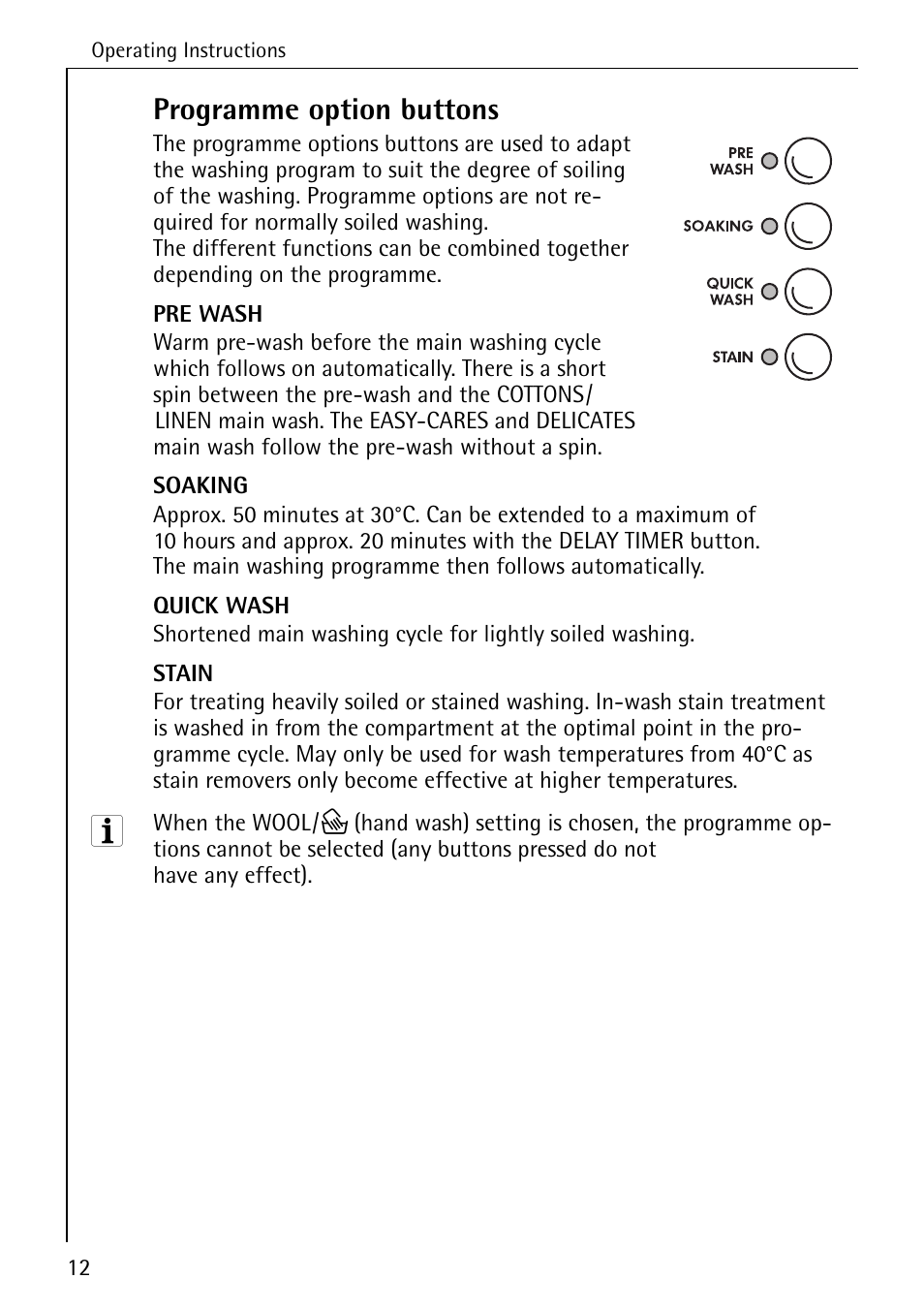 Programme option buttons | Electrolux 72630 User Manual | Page 12 / 56