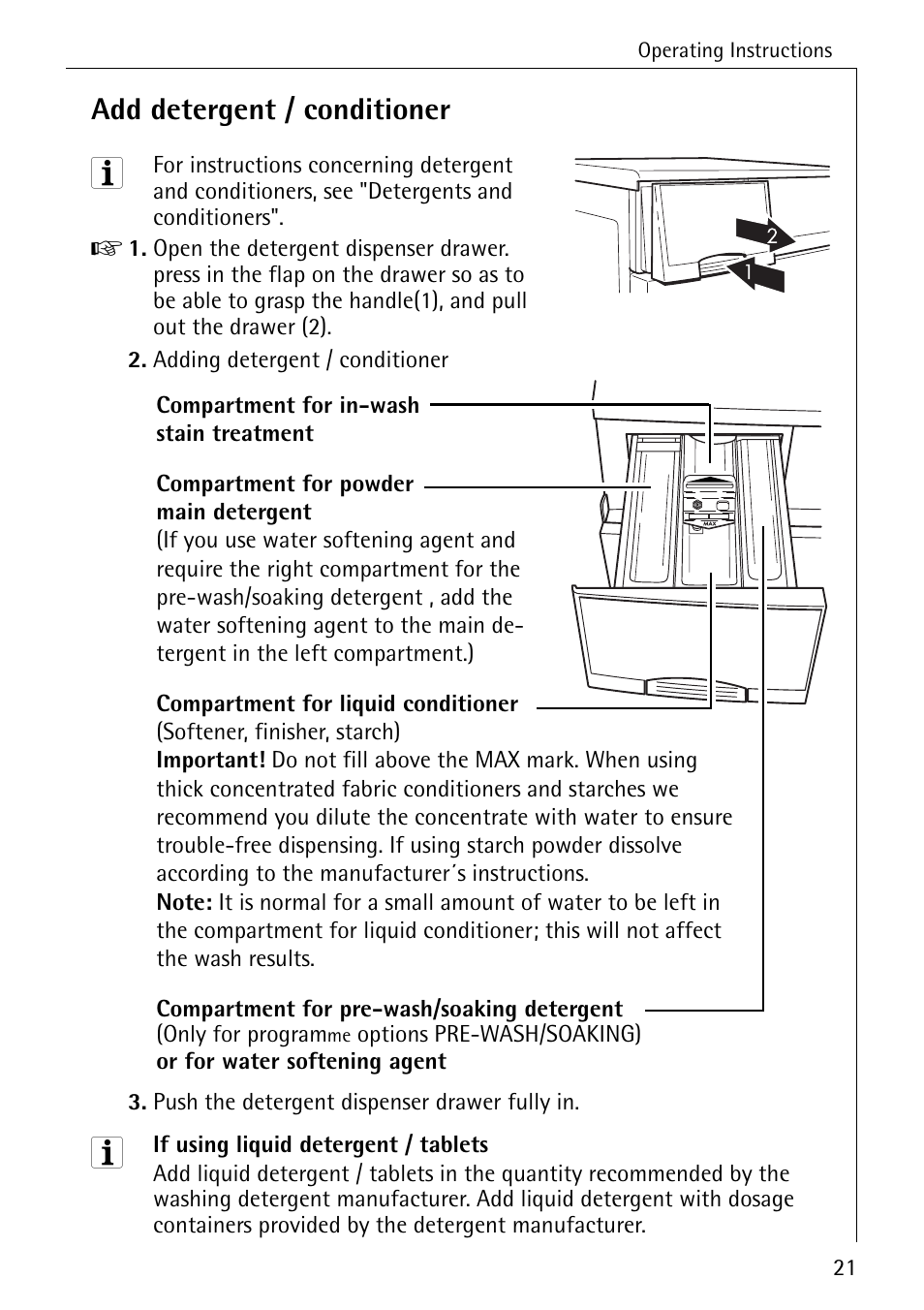 Add detergent / conditioner | Electrolux 72630 User Manual | Page 21 / 56