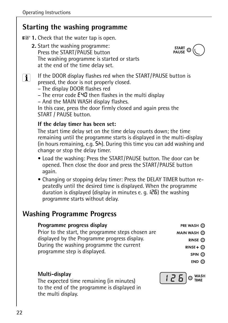 Starting the washing programme, Washing programme progress | Electrolux 72630 User Manual | Page 22 / 56